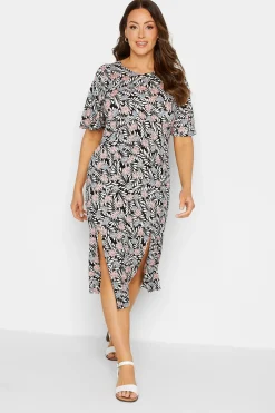 M&Co Womens Black Floral Print Angel Sleeve Split Hem Dress>Women Midi Dresses