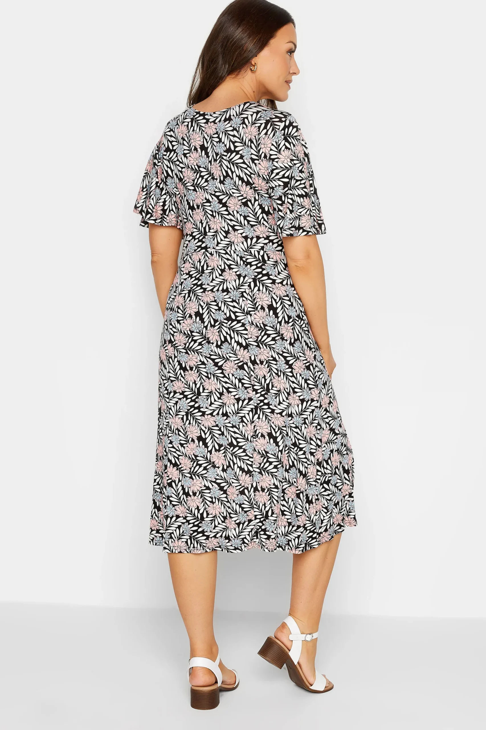 M&Co Womens Black Floral Print Angel Sleeve Split Hem Dress>Women Midi Dresses
