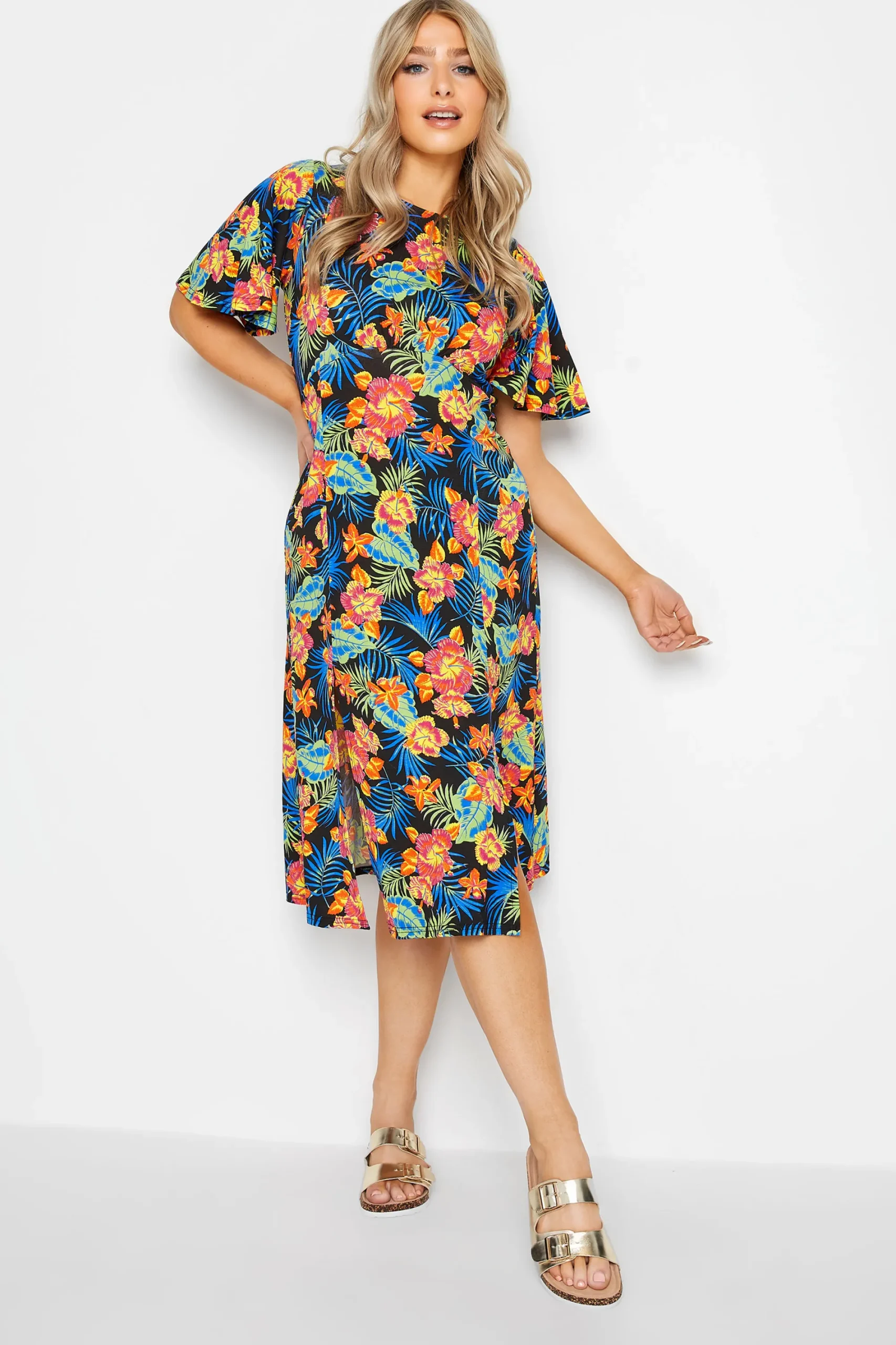 M&Co Womens Black Floral Print Angel Sleeve Split Hem Midi Dress>Women Midi Dresses