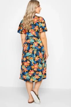 M&Co Womens Black Floral Print Angel Sleeve Split Hem Midi Dress><noscript><img width=