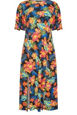 M&Co Womens Black Floral Print Angel Sleeve Split Hem Midi Dress><noscript><img width=