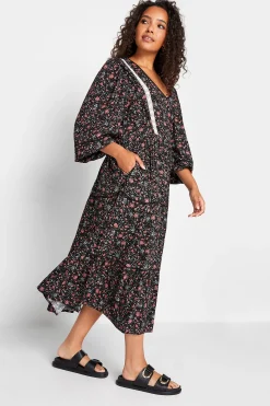 M&Co Womens Black Floral Print Crochet Trim Maxi Dress>Women Maxi Dresses