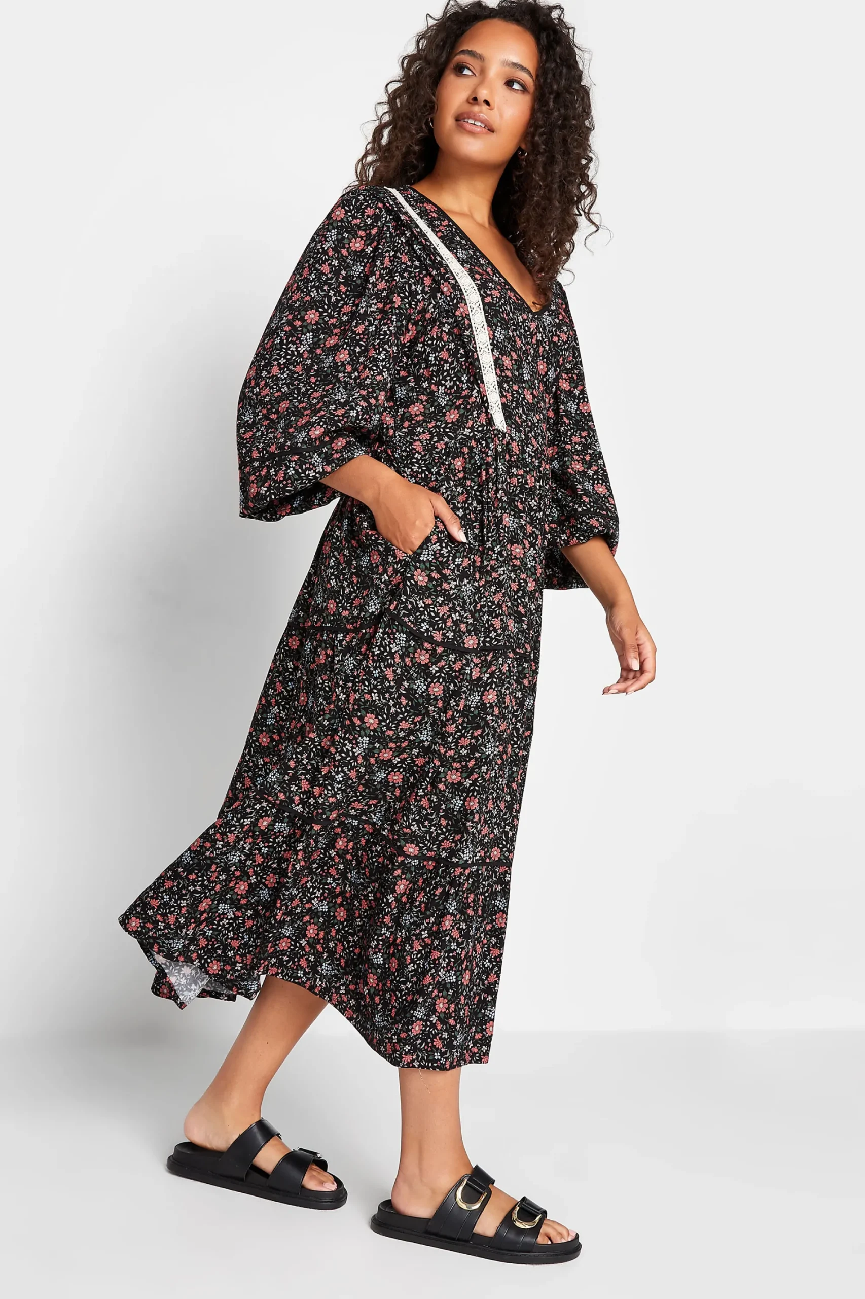 M&Co Womens Black Floral Print Crochet Trim Maxi Dress>Women Maxi Dresses