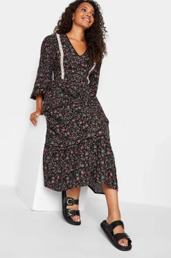 M&Co Womens Black Floral Print Crochet Trim Maxi Dress>Women Maxi Dresses