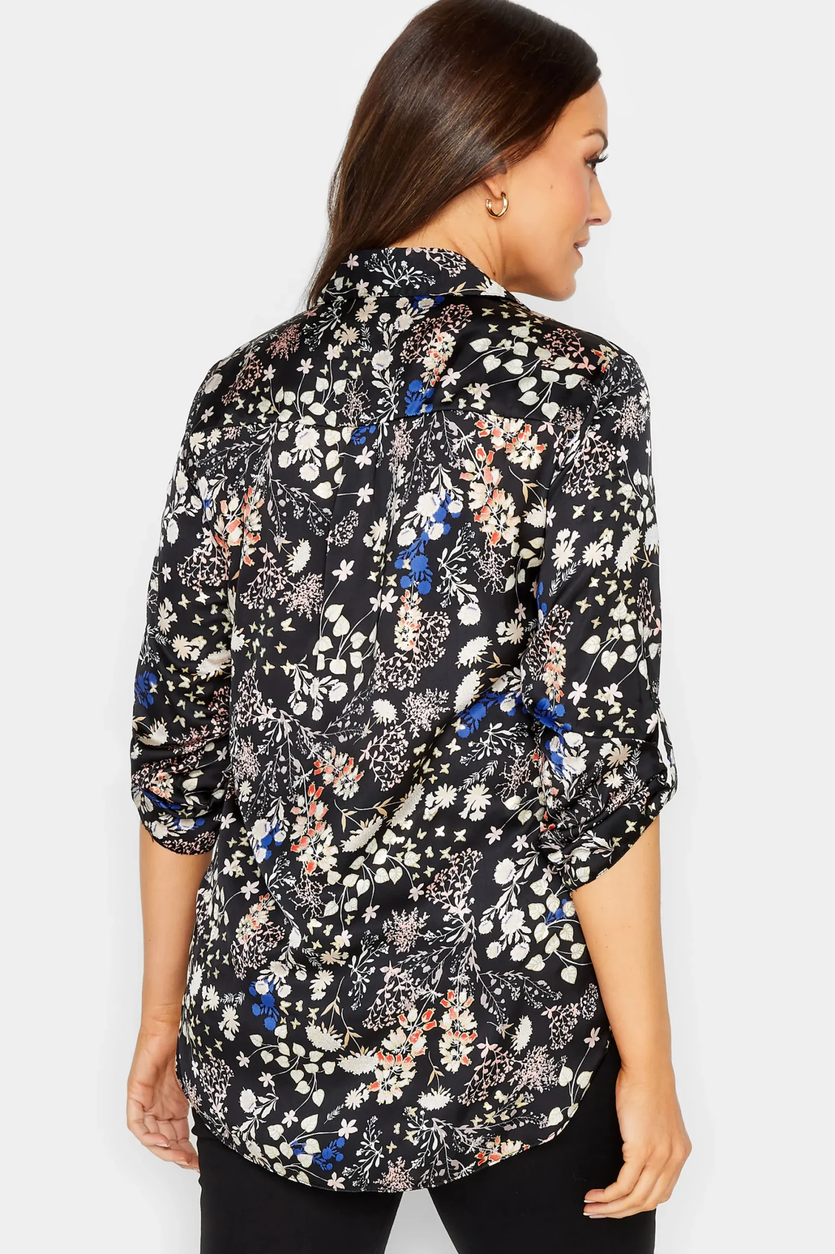 M&Co Womens Black Floral Print Satin Shirt>Women Shirts