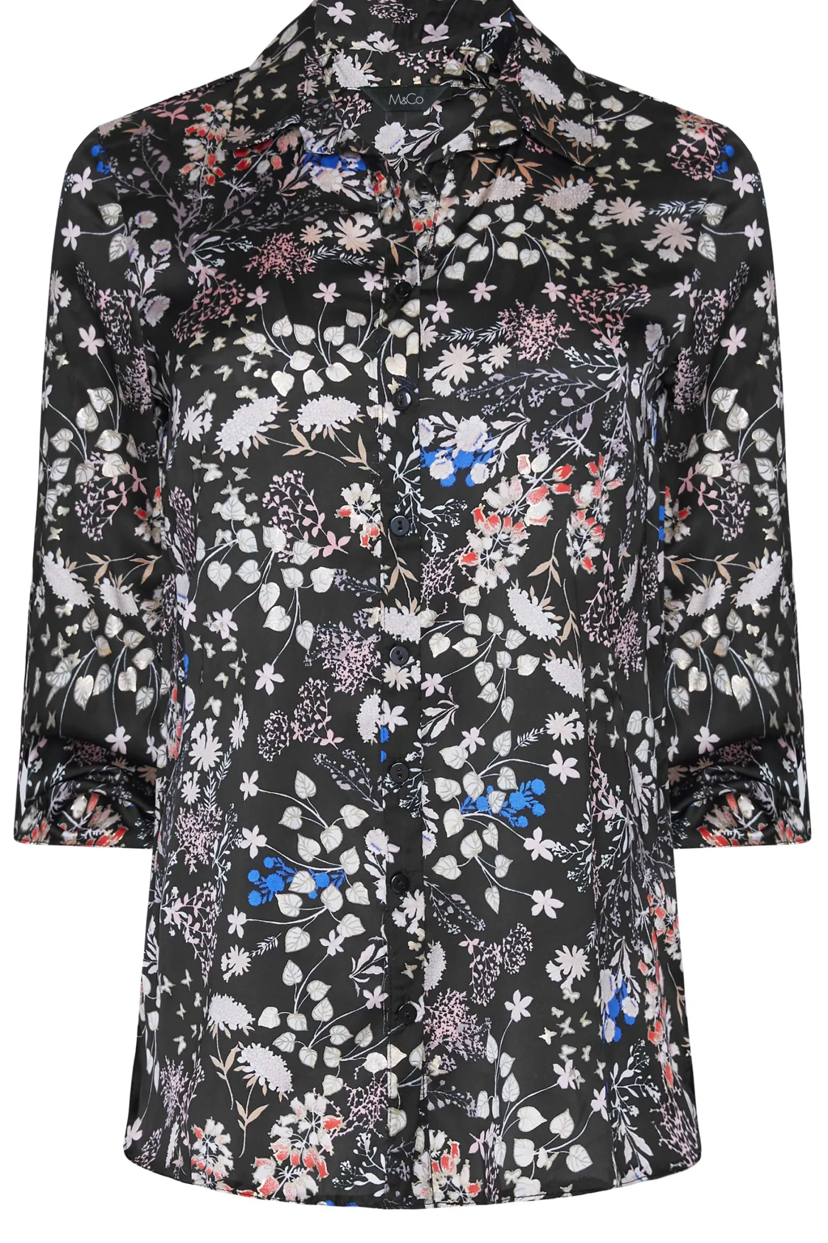 M&Co Womens Black Floral Print Satin Shirt>Women Shirts