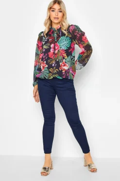 M&Co Womens Black Floral High Neck Blouse>Women Blouses