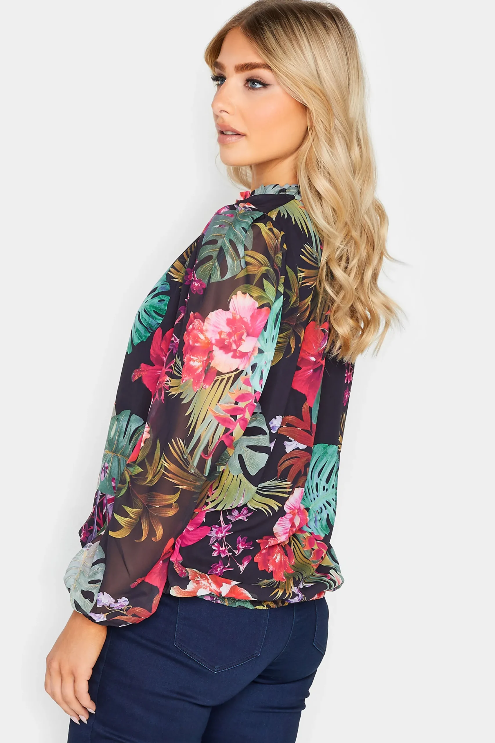 M&Co Womens Black Floral High Neck Blouse>Women Blouses