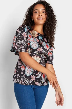 M&Co Womens Black Floral Tie Back Blouse>Women Short Sleeve Tops