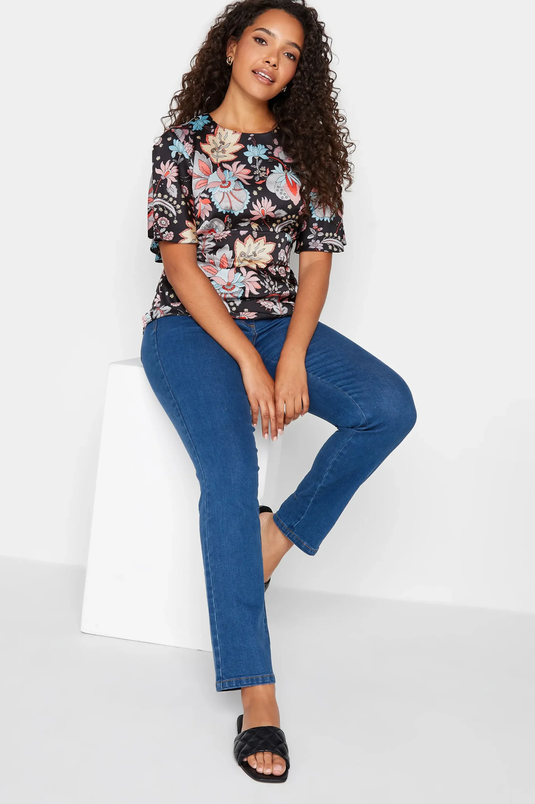 M&Co Womens Black Floral Tie Back Blouse>Women Short Sleeve Tops