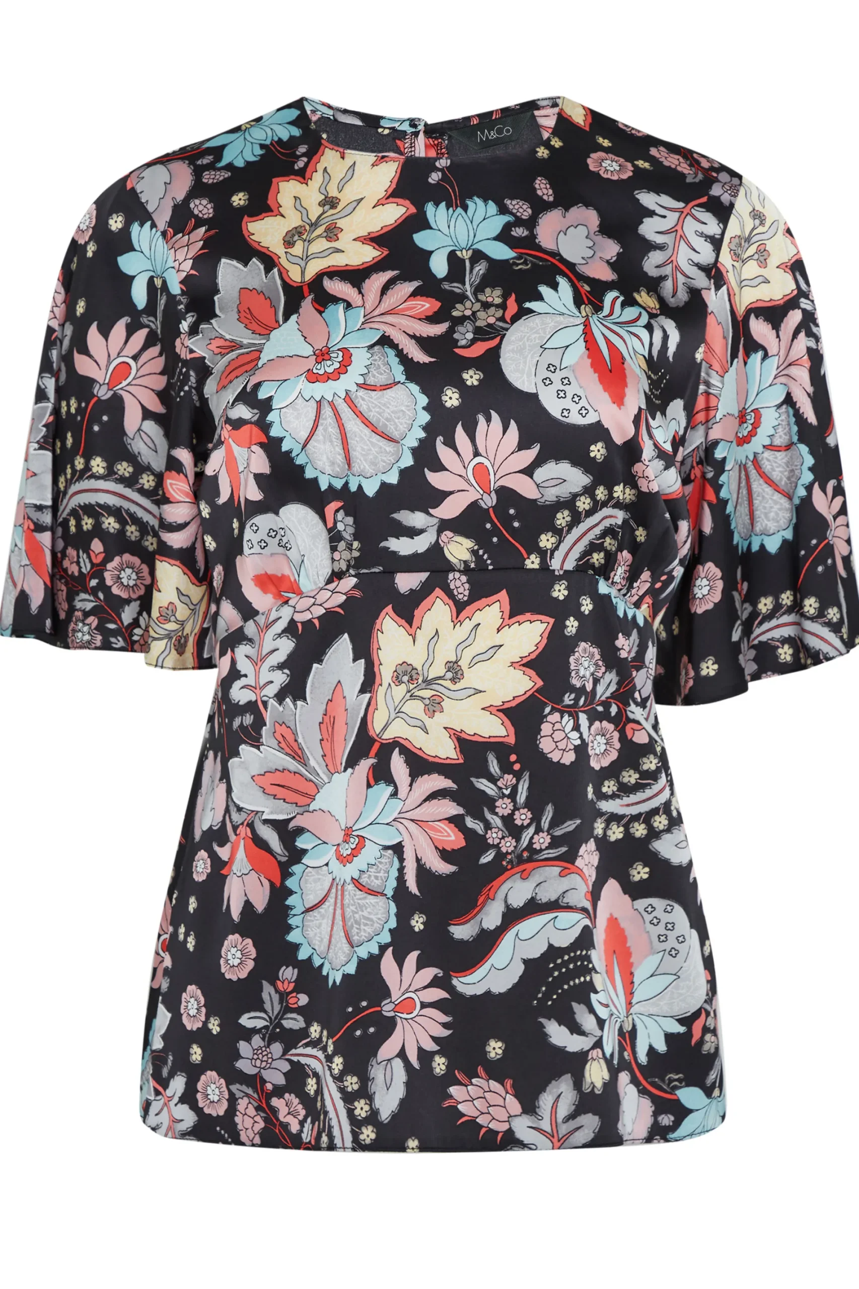 M&Co Womens Black Floral Tie Back Blouse>Women Short Sleeve Tops