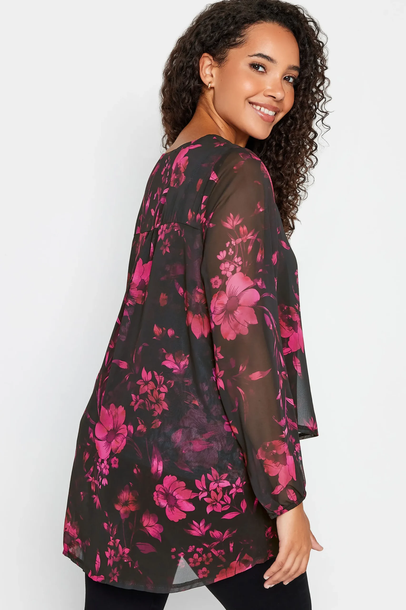 M&Co Womens Black Floral Print Wrap Hem Blouse>Women Long Sleeve Tops