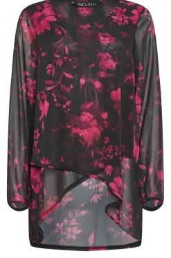 M&Co Womens Black Floral Print Wrap Hem Blouse><noscript><img width=
