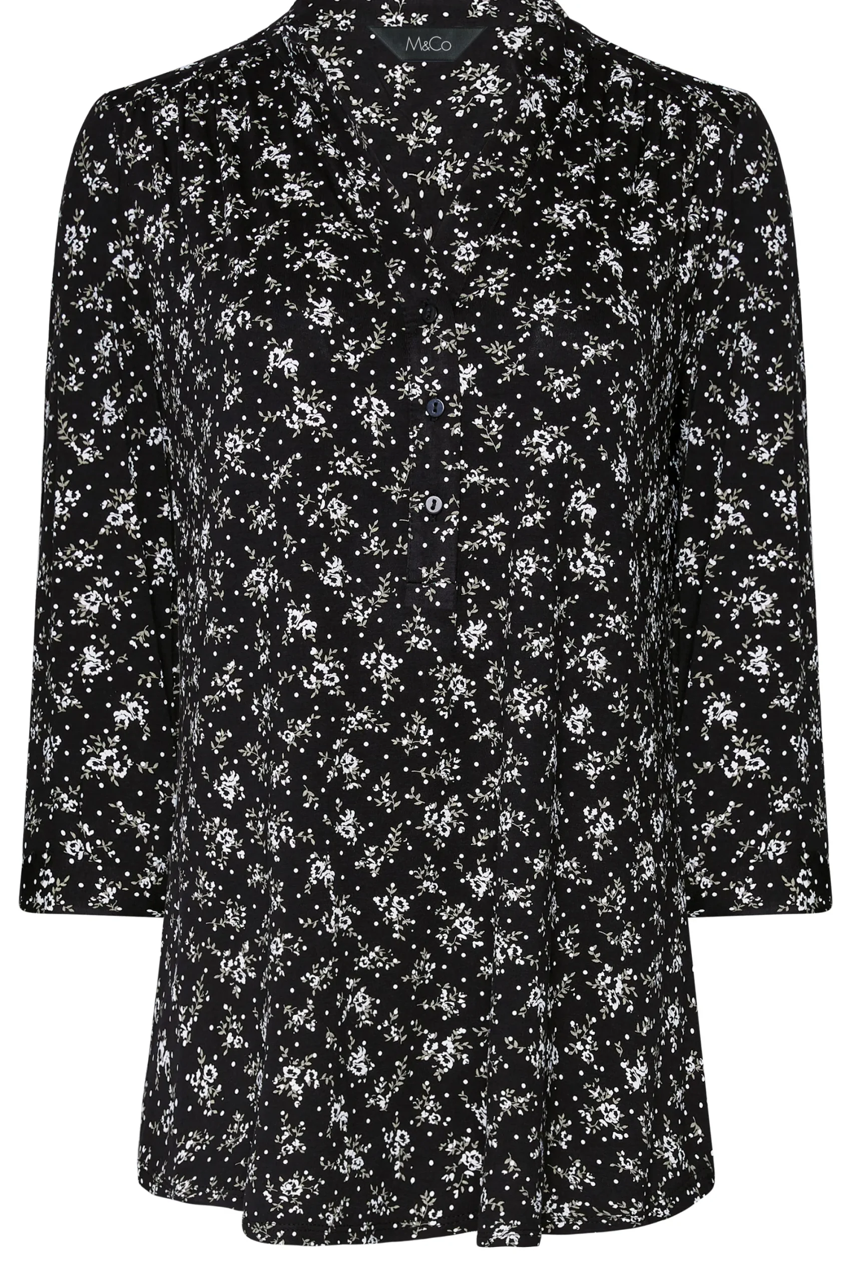 M&Co Womens Black Floral Print Half Placket Jersey Shirt>Women Shirts