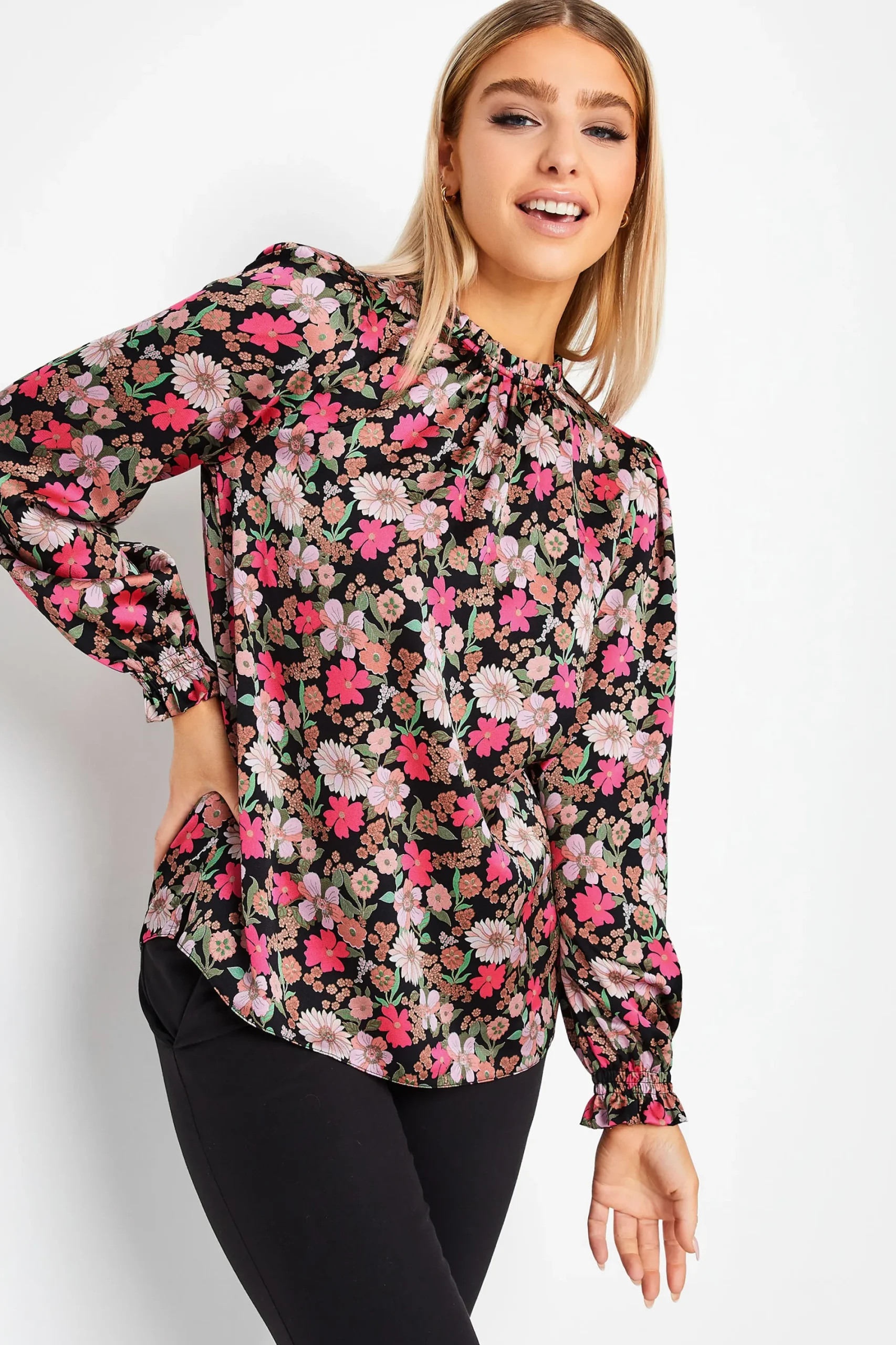 M&Co Womens Black Floral Print Frill Neck Blouse>Women Long Sleeve Tops