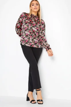 M&Co Womens Black Floral Print Frill Neck Blouse>Women Long Sleeve Tops