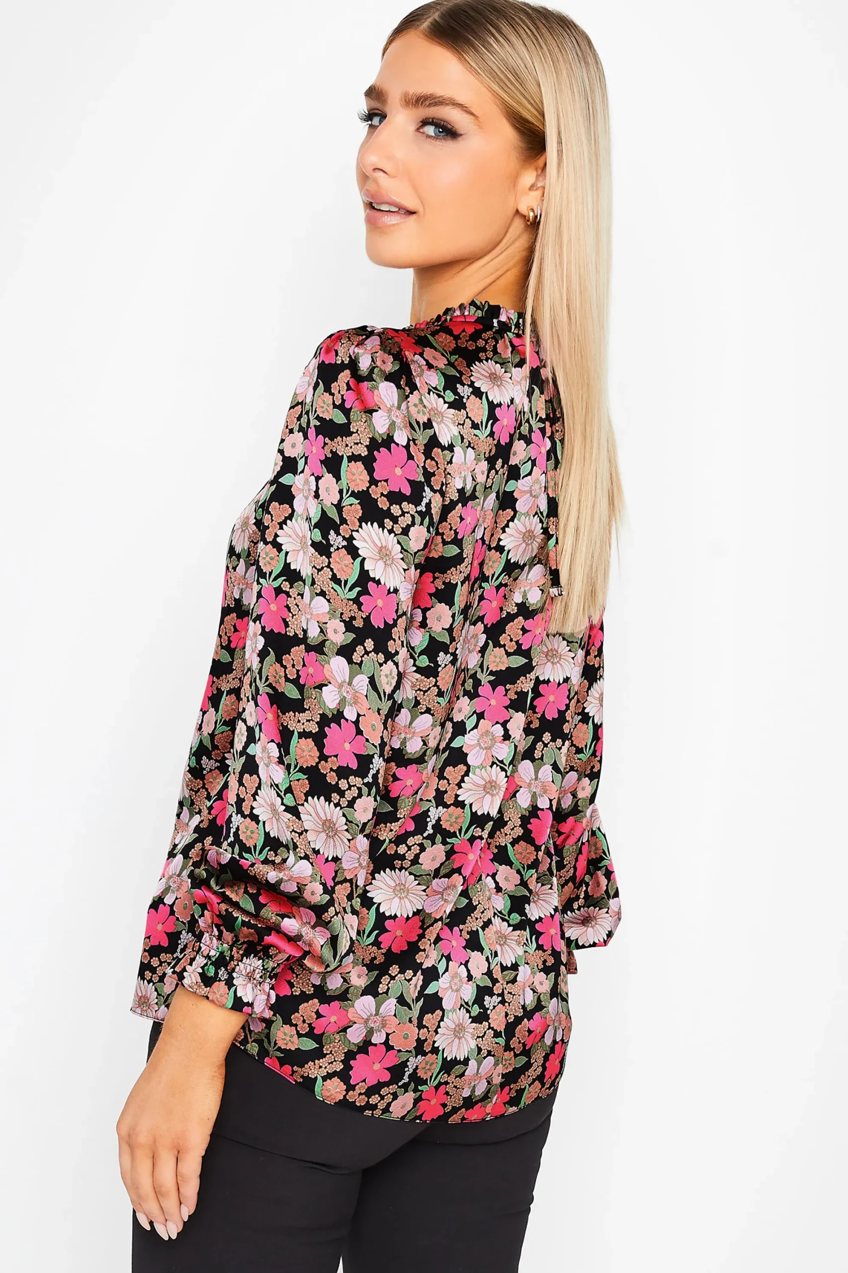 M&Co Womens Black Floral Print Frill Neck Blouse>Women Long Sleeve Tops