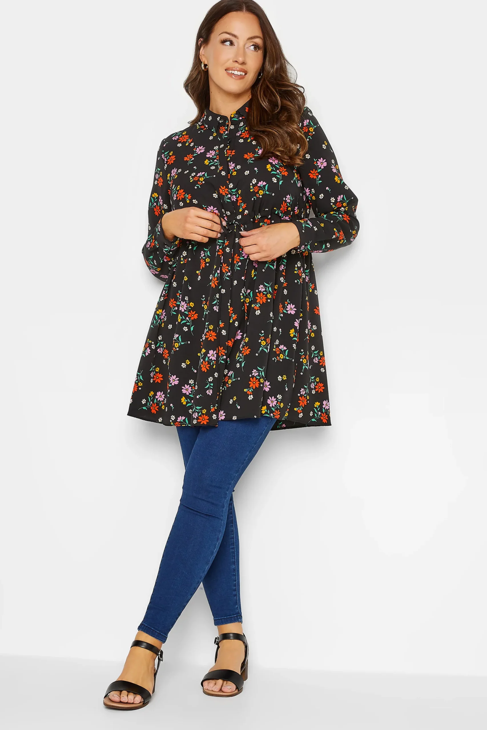 M&Co Womens Black Floral Print Tie Waist Tunic Shirt>Women Shirts