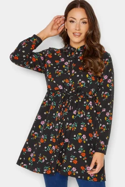 M&Co Womens Black Floral Print Tie Waist Tunic Shirt>Women Shirts