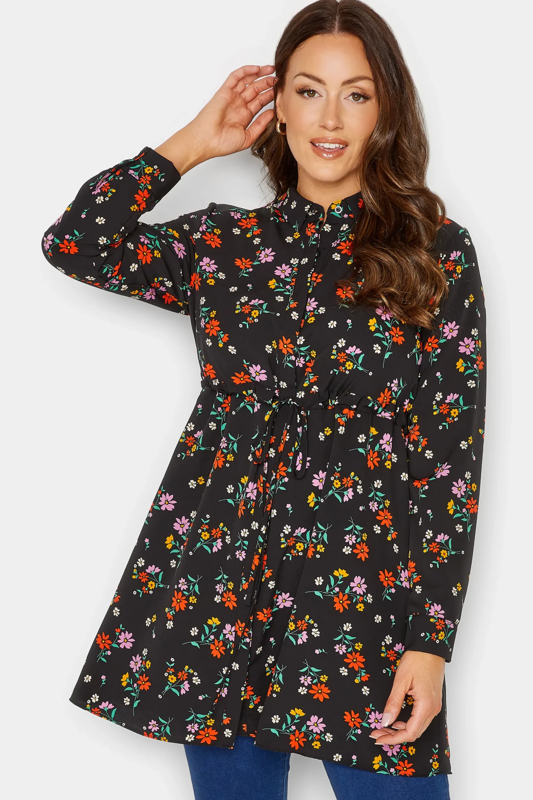 M&Co Womens Black Floral Print Tie Waist Tunic Shirt>Women Shirts