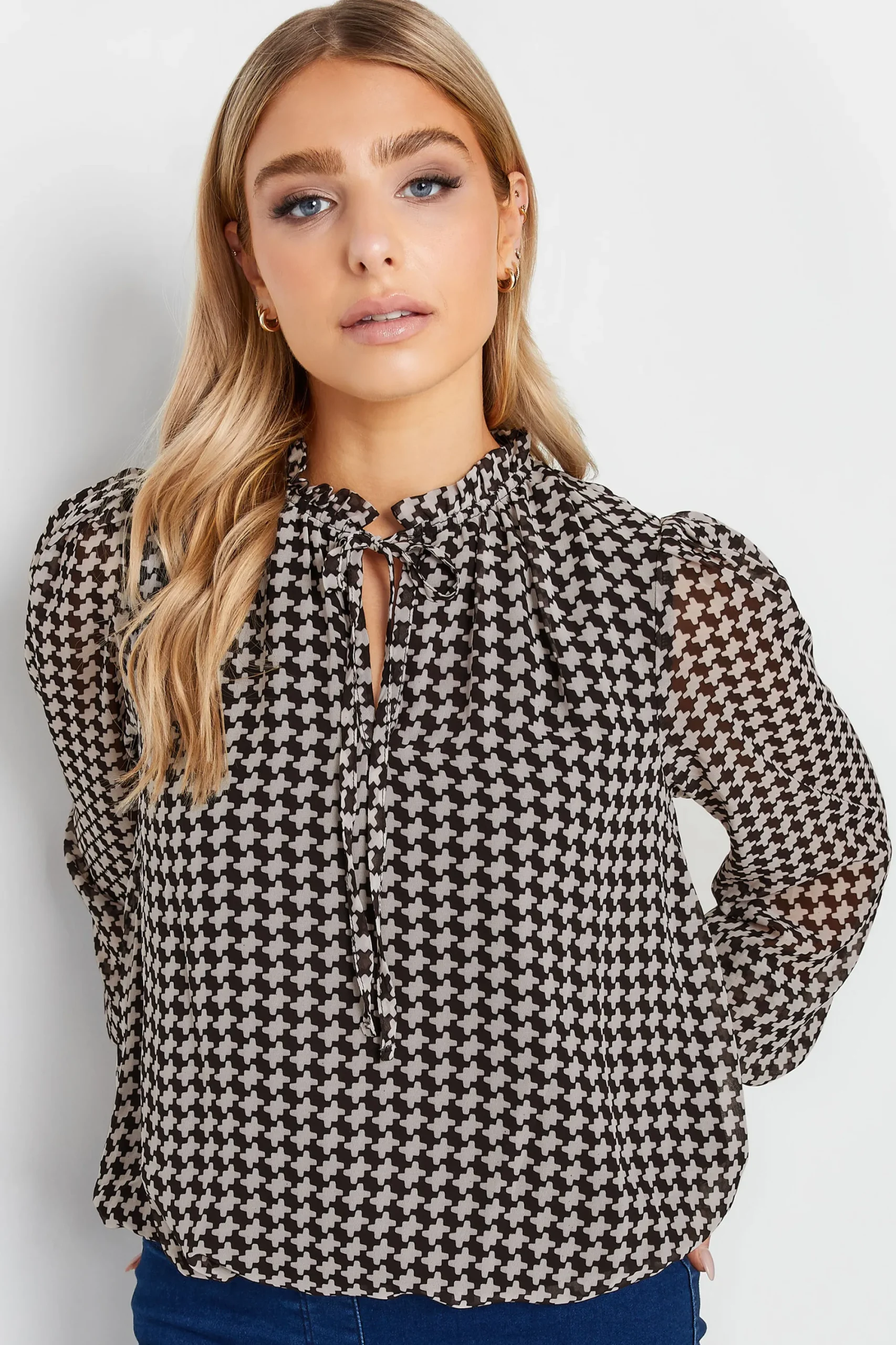 M&Co Womens Black Geometric Print Tie Neck Blouse>Women Long Sleeve Tops