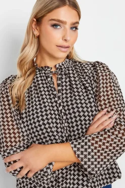 M&Co Womens Black Geometric Print Tie Neck Blouse><noscript><img width=