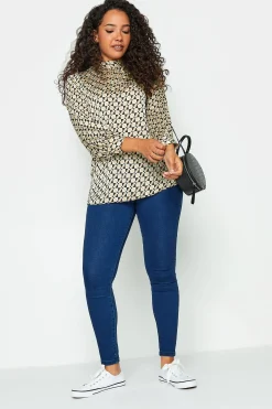 M&Co Womens Black Geometric Print High Neck Satin Blouse>Women Long Sleeve Tops