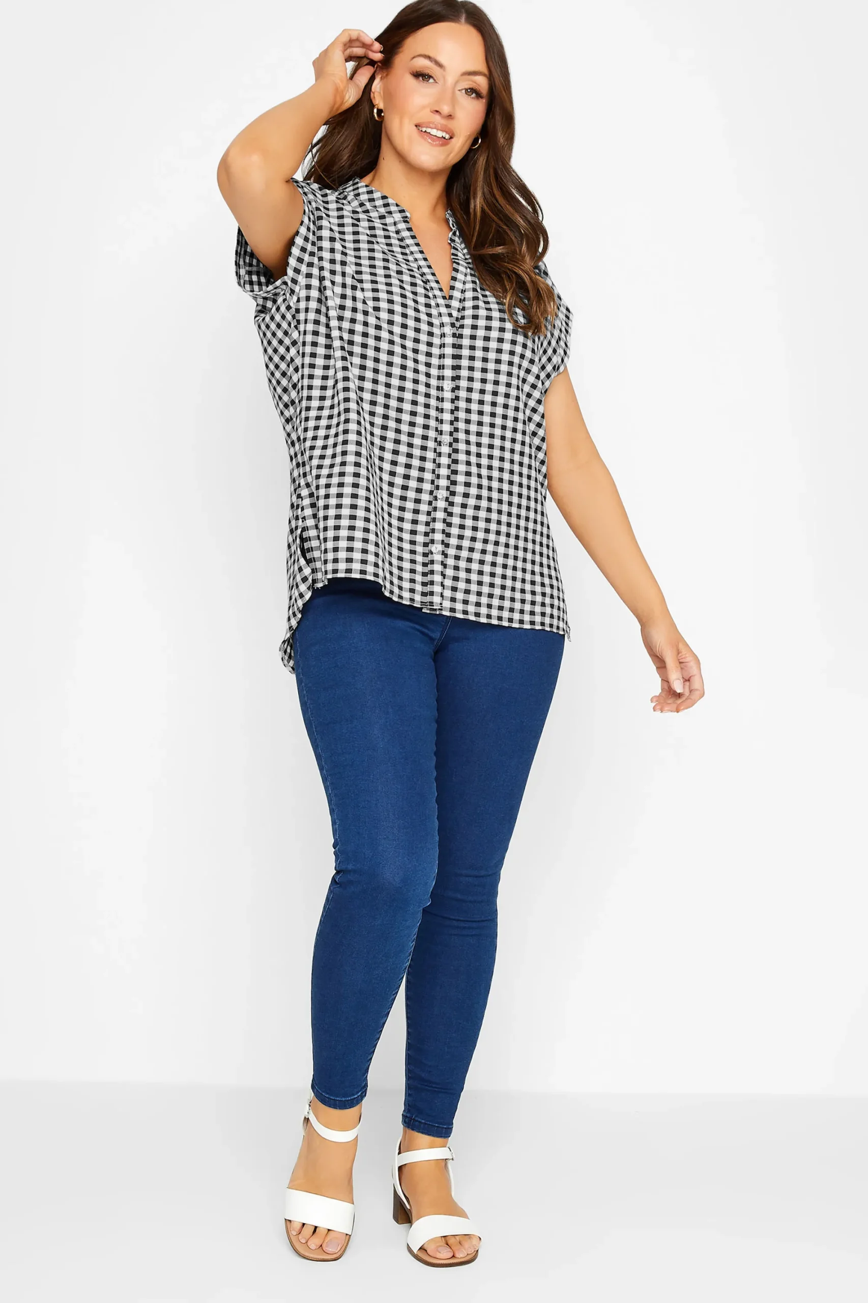 M&Co Womens Black Gingham Grown On Sleeve Top>Women Short Sleeve Tops