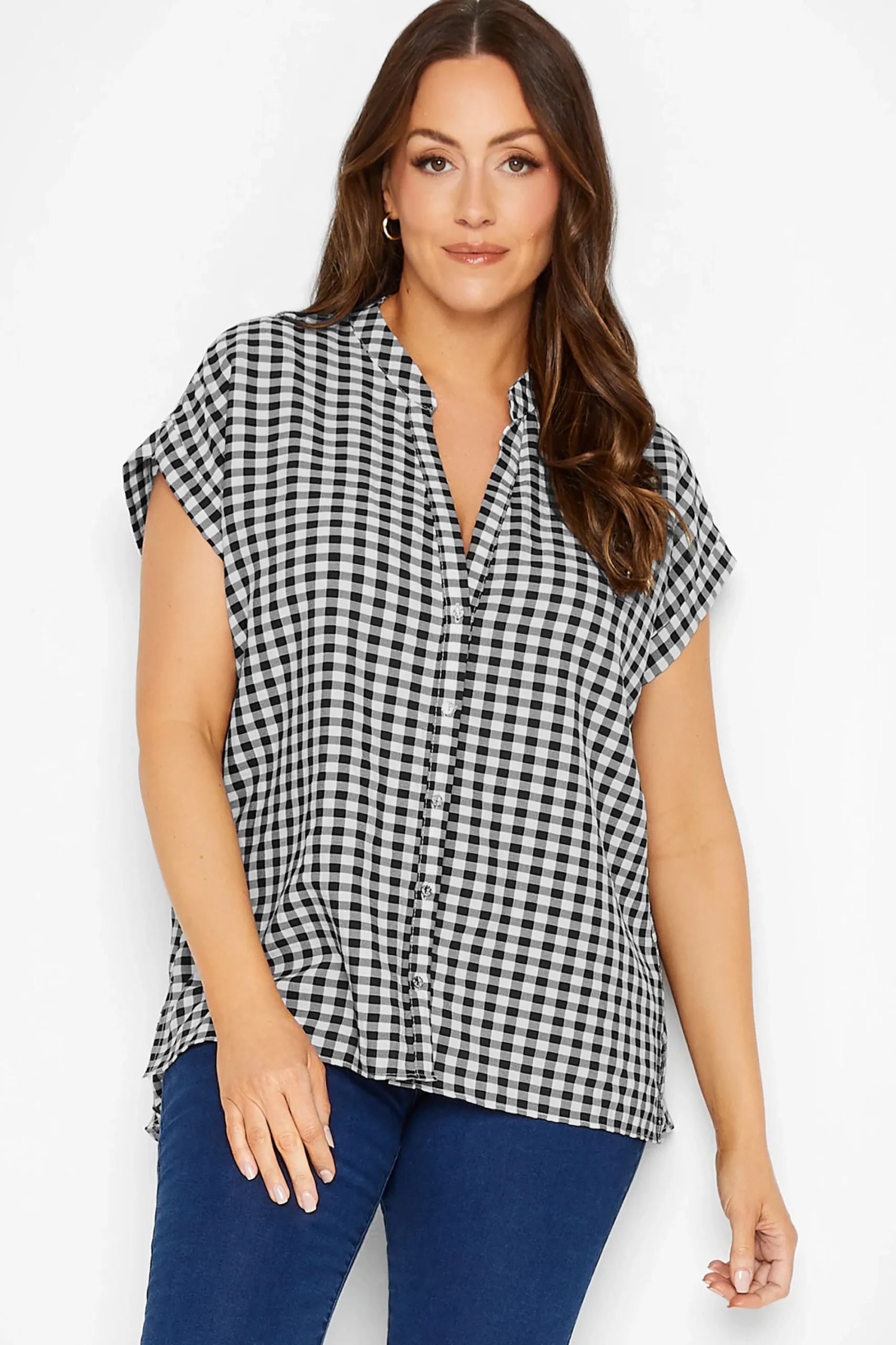 M&Co Womens Black Gingham Grown On Sleeve Top>Women Short Sleeve Tops