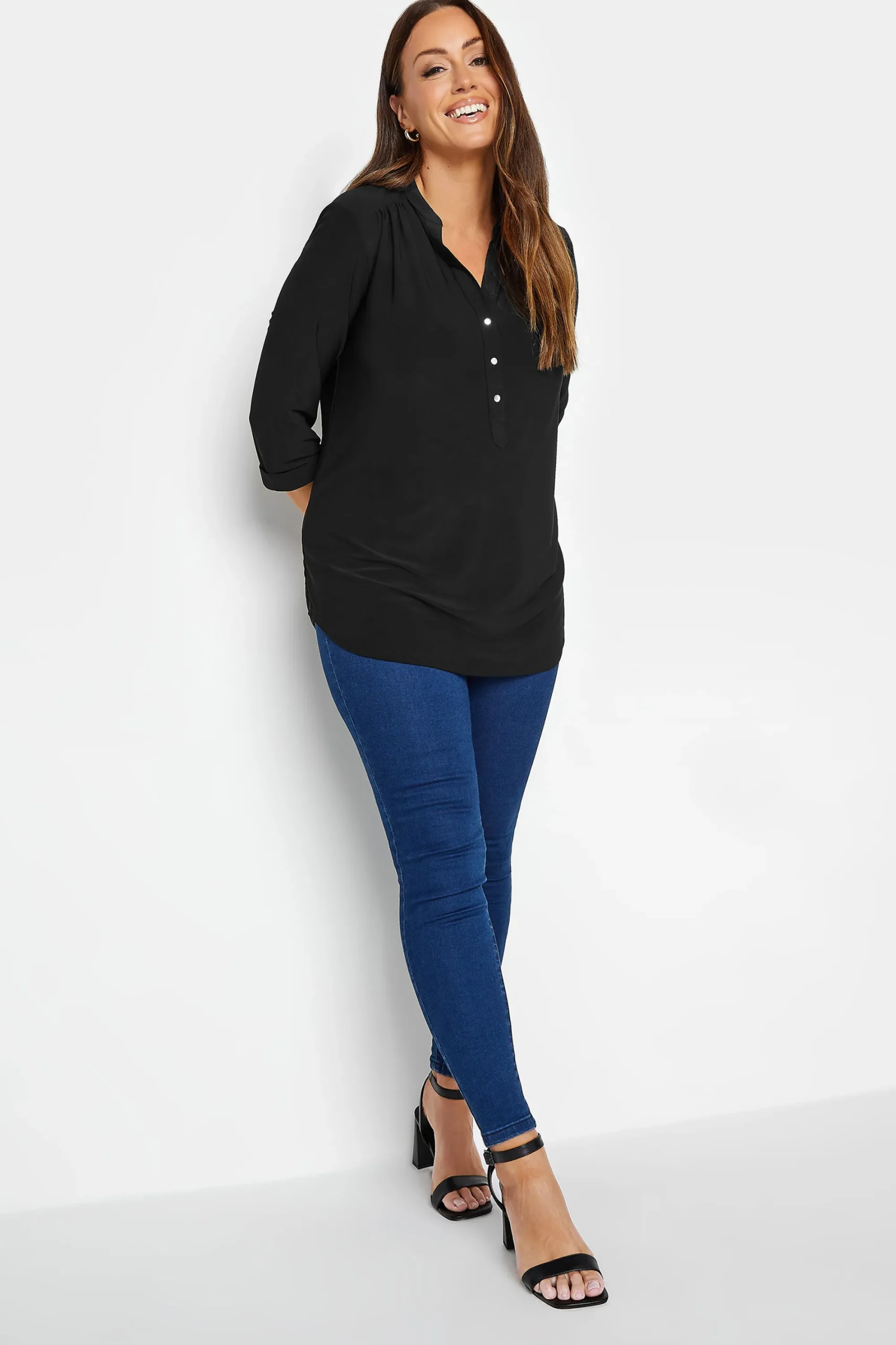 M&Co Womens Black Half Placket Jersey Shirt>Women Shirts