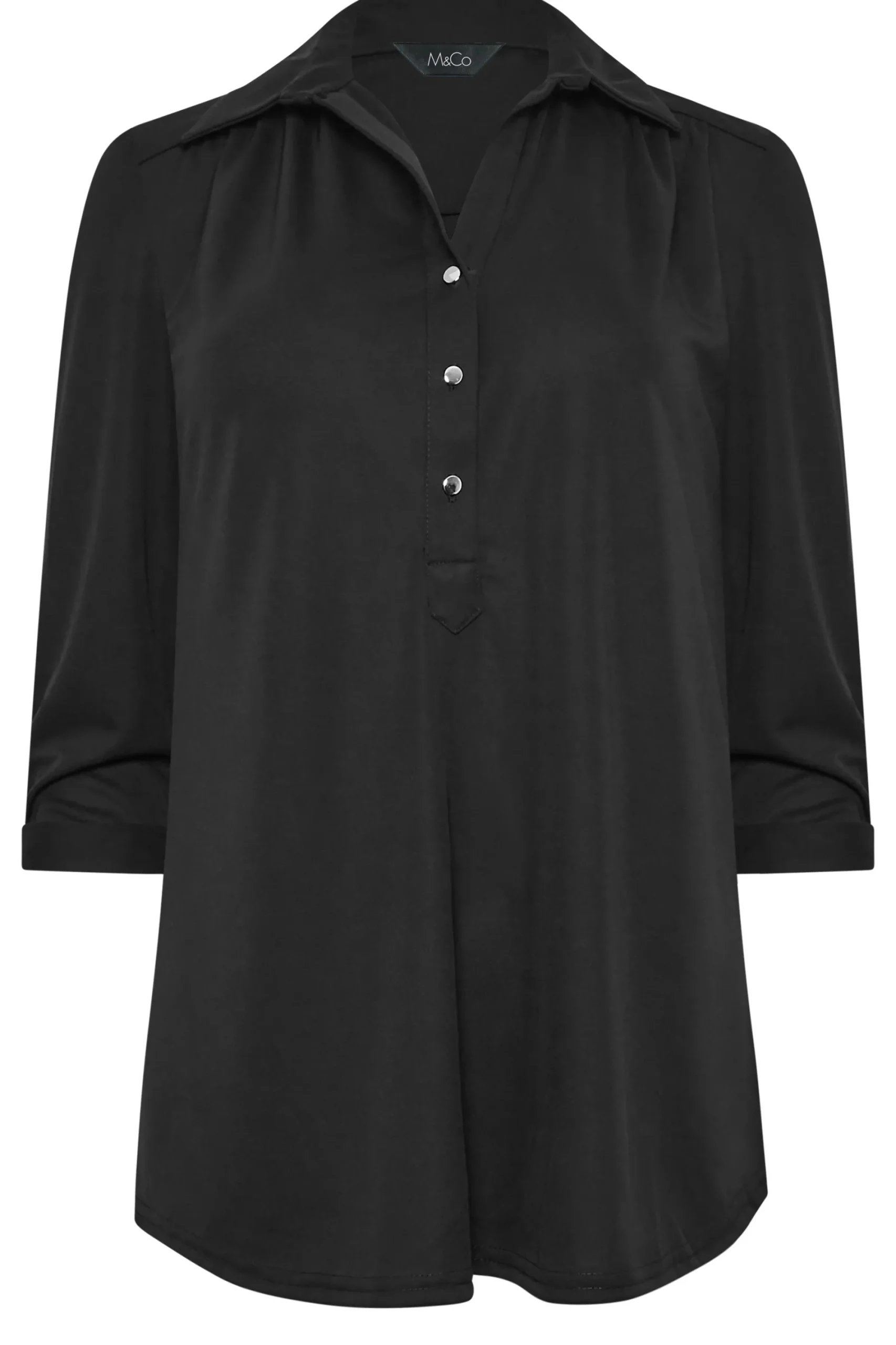 M&Co Womens Black Half Placket Jersey Open Collar Shirt>Women Shirts