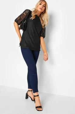 M&Co Womens Black Lace Puff Sleeve Blouse>Women Blouses