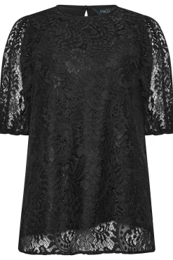 M&Co Womens Black Lace Puff Sleeve Blouse><noscript><img width=
