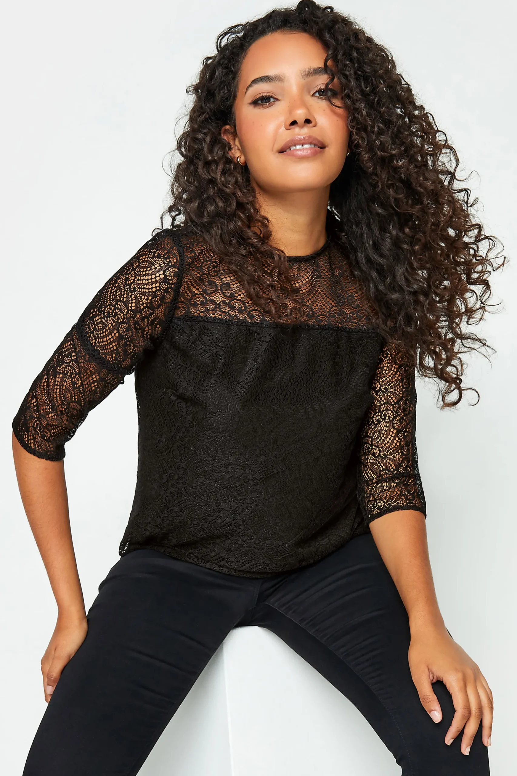 M&Co Womens Black Long Sleeve Lace Blouse>Women Blouses