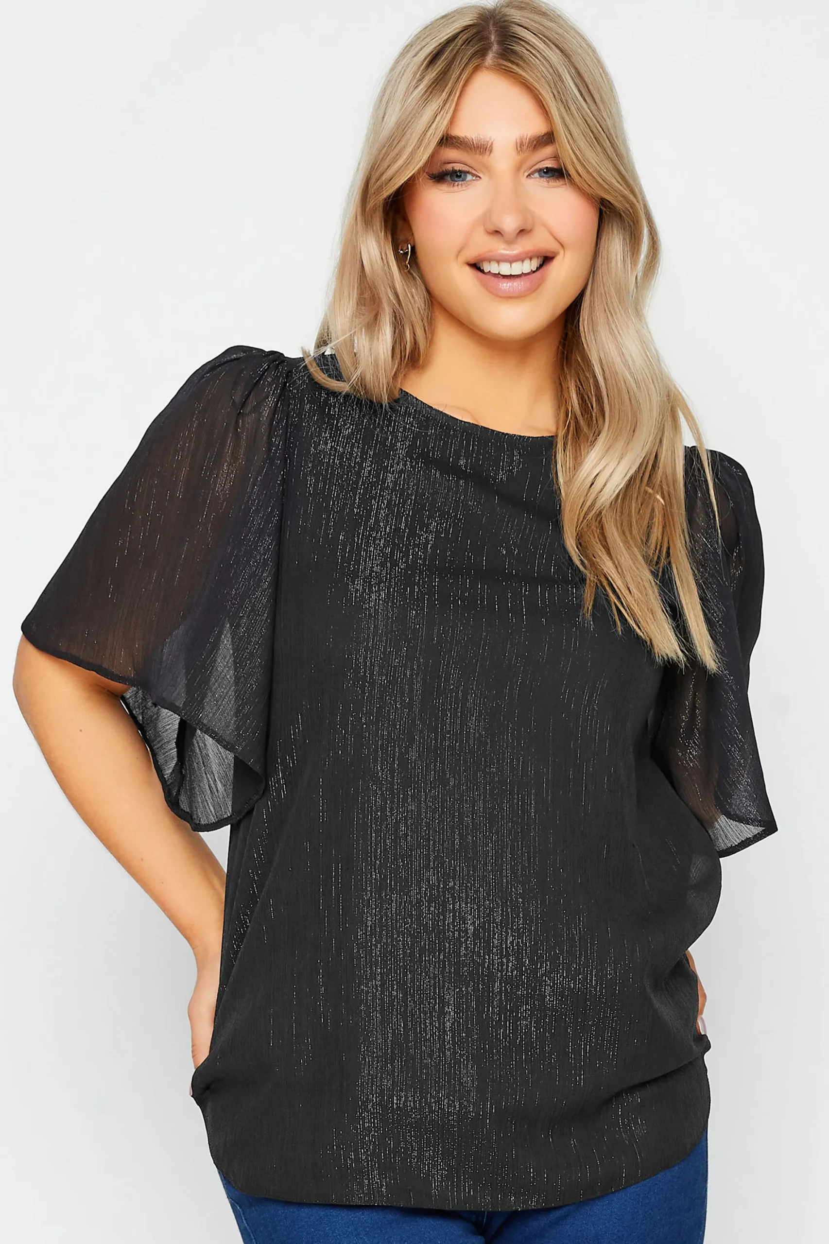 M&Co Womens Black Metallic Angel Sleeve Blouse>Women Shirts