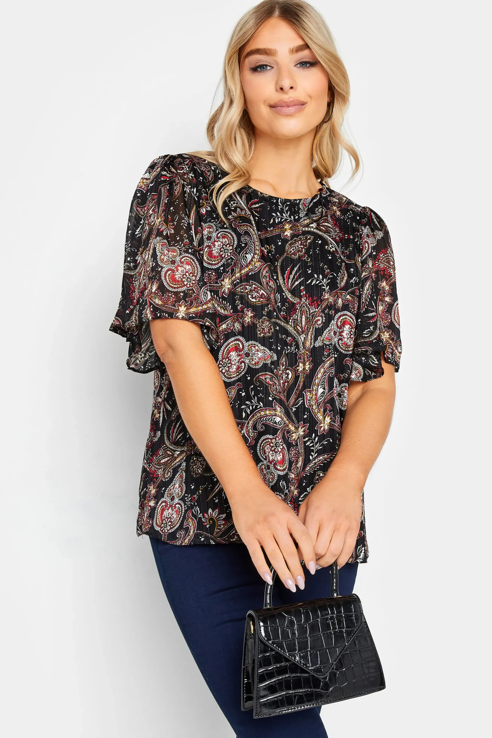 M&Co Womens Black Paisley Print Angel Sleeve Blouse>Women Blouses
