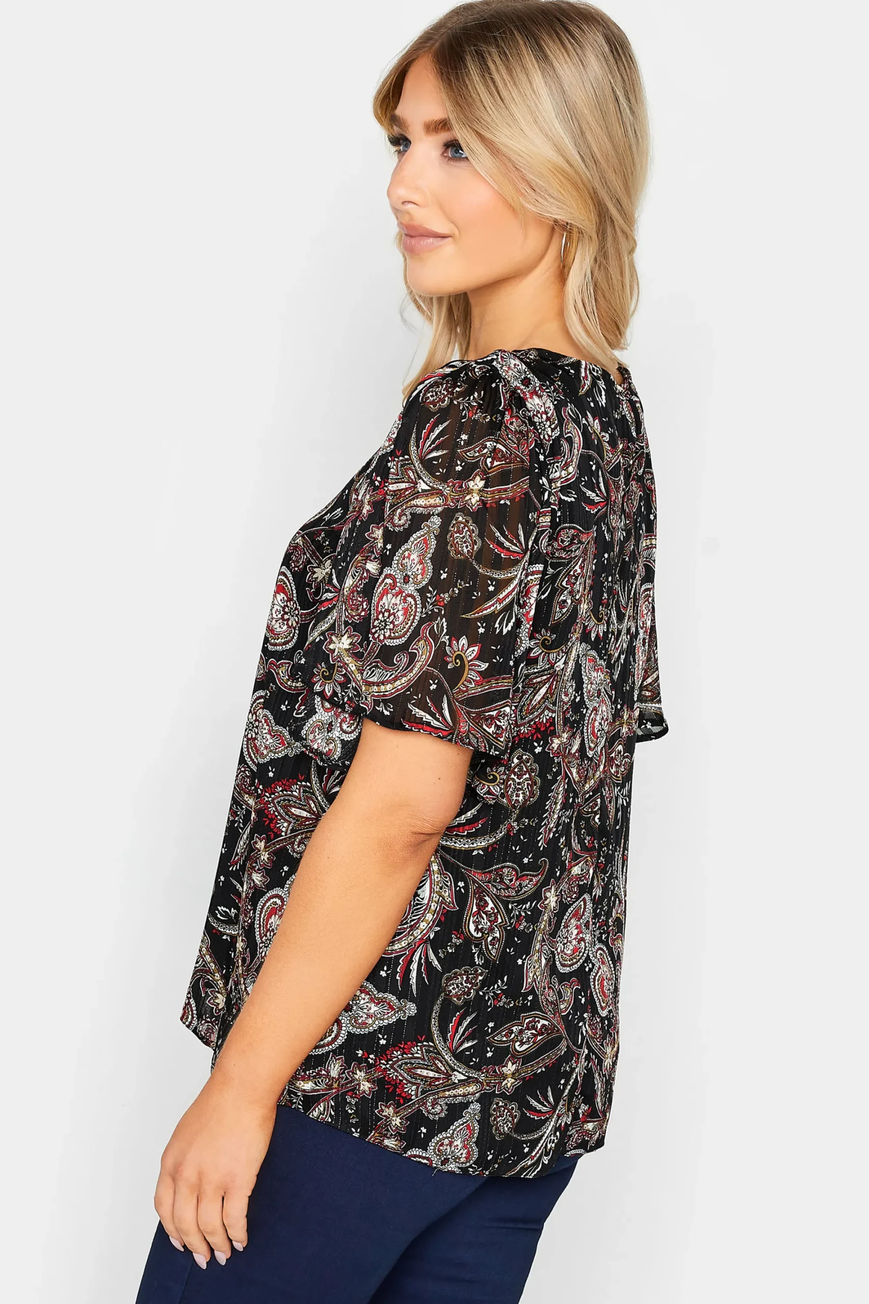 M&Co Womens Black Paisley Print Angel Sleeve Blouse>Women Blouses