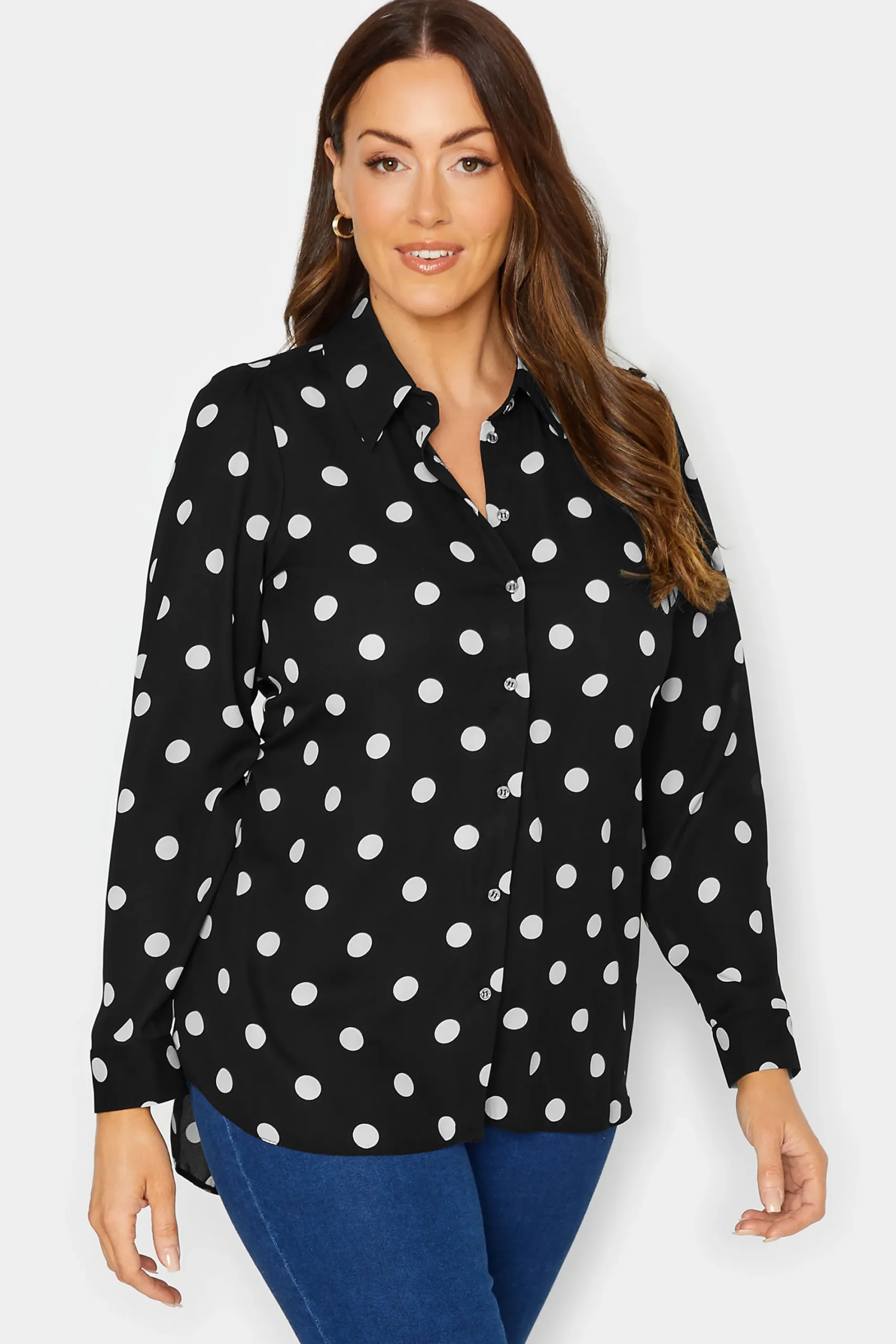M&Co Womens Black Polka Dot Tie Belt Shirt>Women Shirts