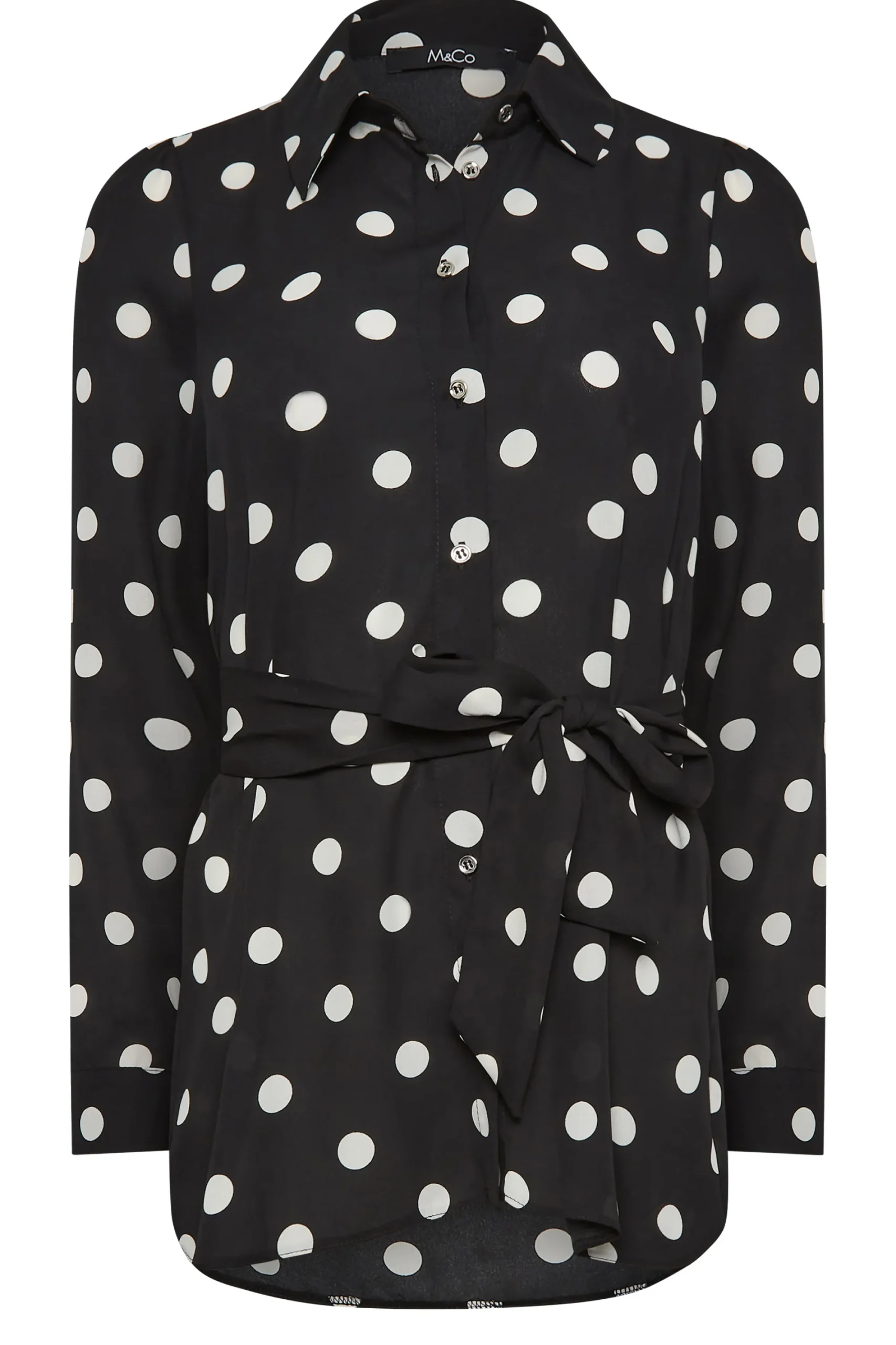 M&Co Womens Black Polka Dot Tie Belt Shirt>Women Shirts