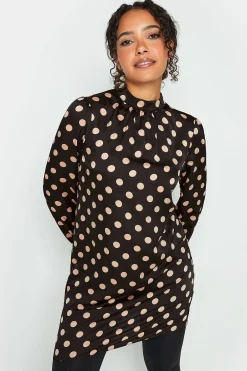 M&Co Womens Black Polka Dot Print High Neck Tunic Blouse>Women Long Sleeve Tops