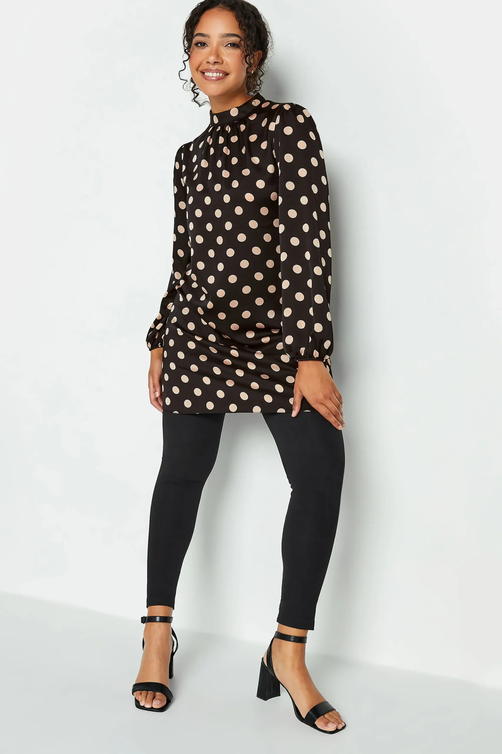 M&Co Womens Black Polka Dot Print High Neck Tunic Blouse>Women Long Sleeve Tops