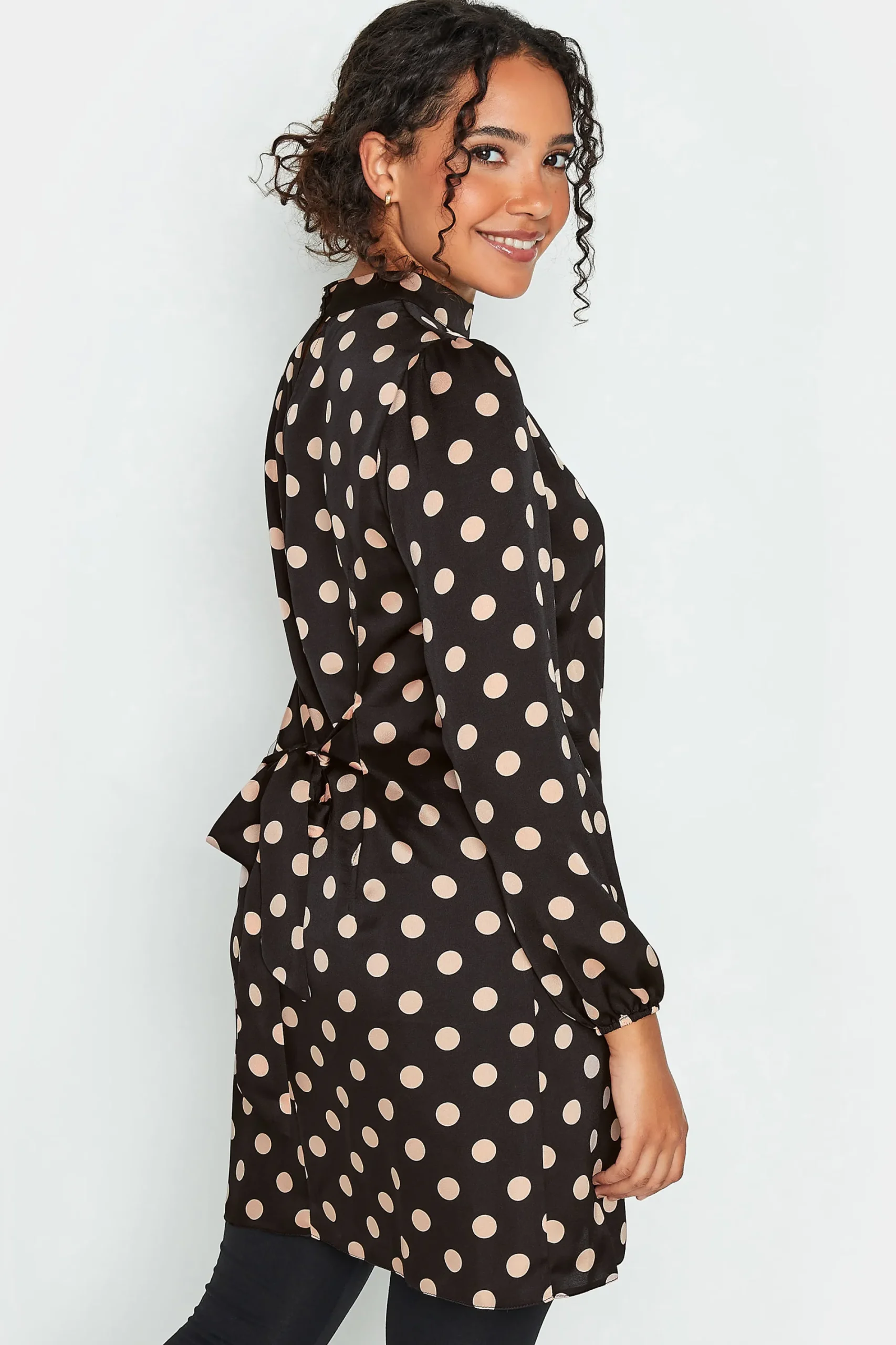 M&Co Womens Black Polka Dot Print High Neck Tunic Blouse>Women Long Sleeve Tops