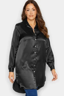 M&Co Womens Black Satin Dipped Hem Shirt>Women Shirts
