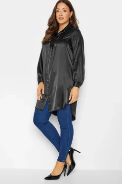 M&Co Womens Black Satin Dipped Hem Shirt>Women Shirts