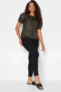 M&Co Womens Black Shimmer Ruched Sleeve Blouse>Women Blouses