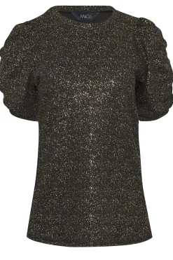 M&Co Womens Black Shimmer Ruched Sleeve Blouse><noscript><img width=