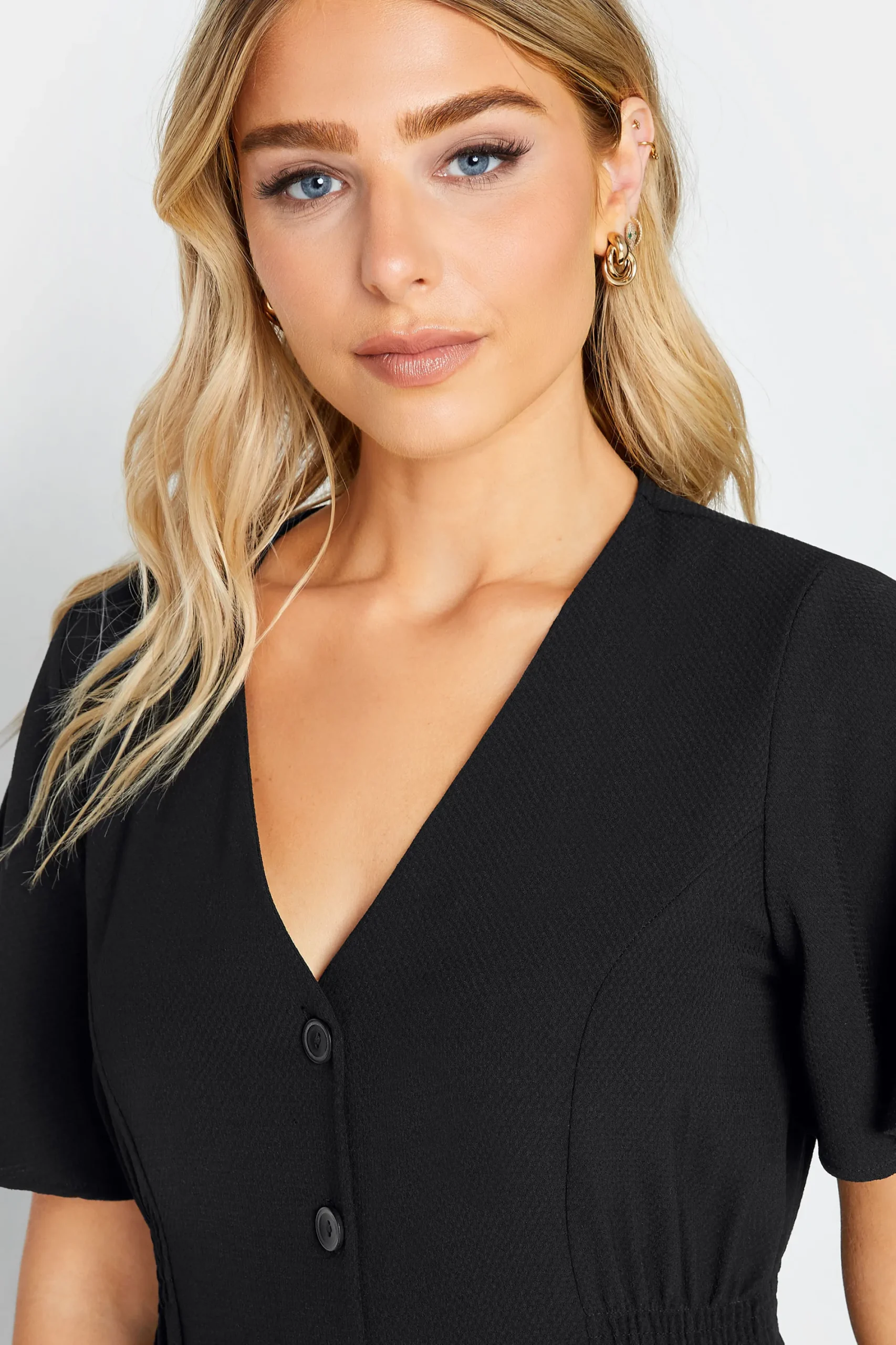 M&Co Womens Black Shirred Waist Button Through Midi Dress>Women Wedding Guest Dresses