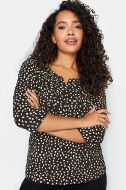 M&Co Womens Black Spot Print Cotton Henley Top>Women Long Sleeve Tops