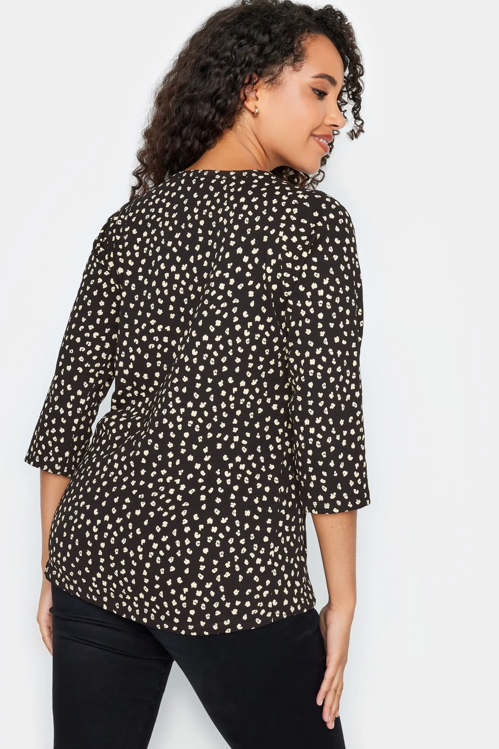M&Co Womens Black Spot Print Cotton Henley Top>Women Long Sleeve Tops