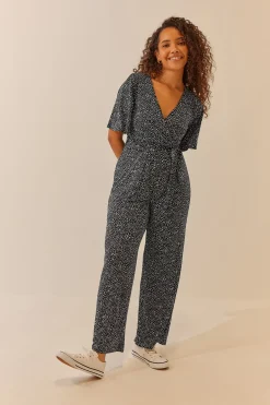 M&Co Womens Black Spot Print Wrap Wide Leg Jumpsuit>Women Maxi Dresses